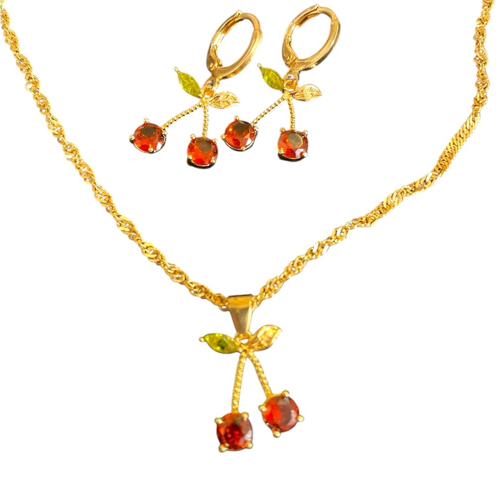 Cherry Jewelry Set – Gold-Tone Necklace & Drop Earrings with Red Crystals
